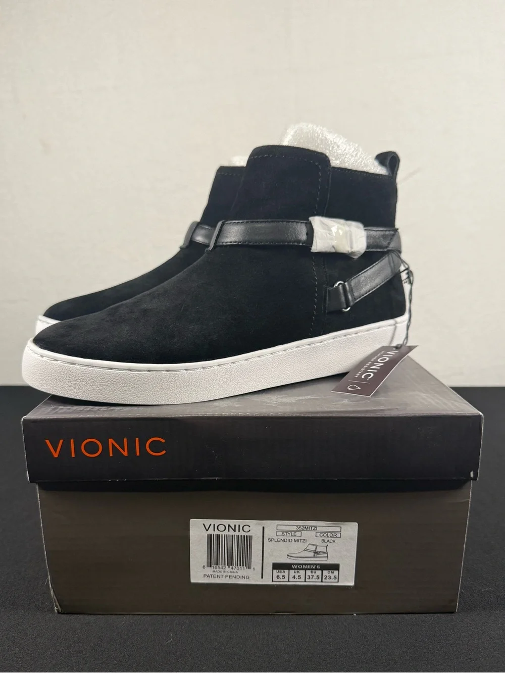 Vionic - Mitzi Black Suede Ankle Bootie W/ Side Zipper White Soles NIB Size 6.5